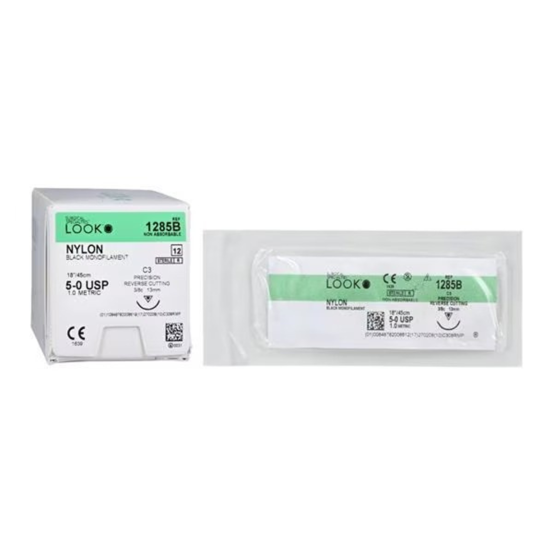 Look 1285B Nylon Black Monofilament Reverse Cutting Sutures C3 3/8 Circle 5-0 18 Look 1285B Nylon Black Monofilament Reverse Cutting Sutures C3 3/8 Circle 5-0 18